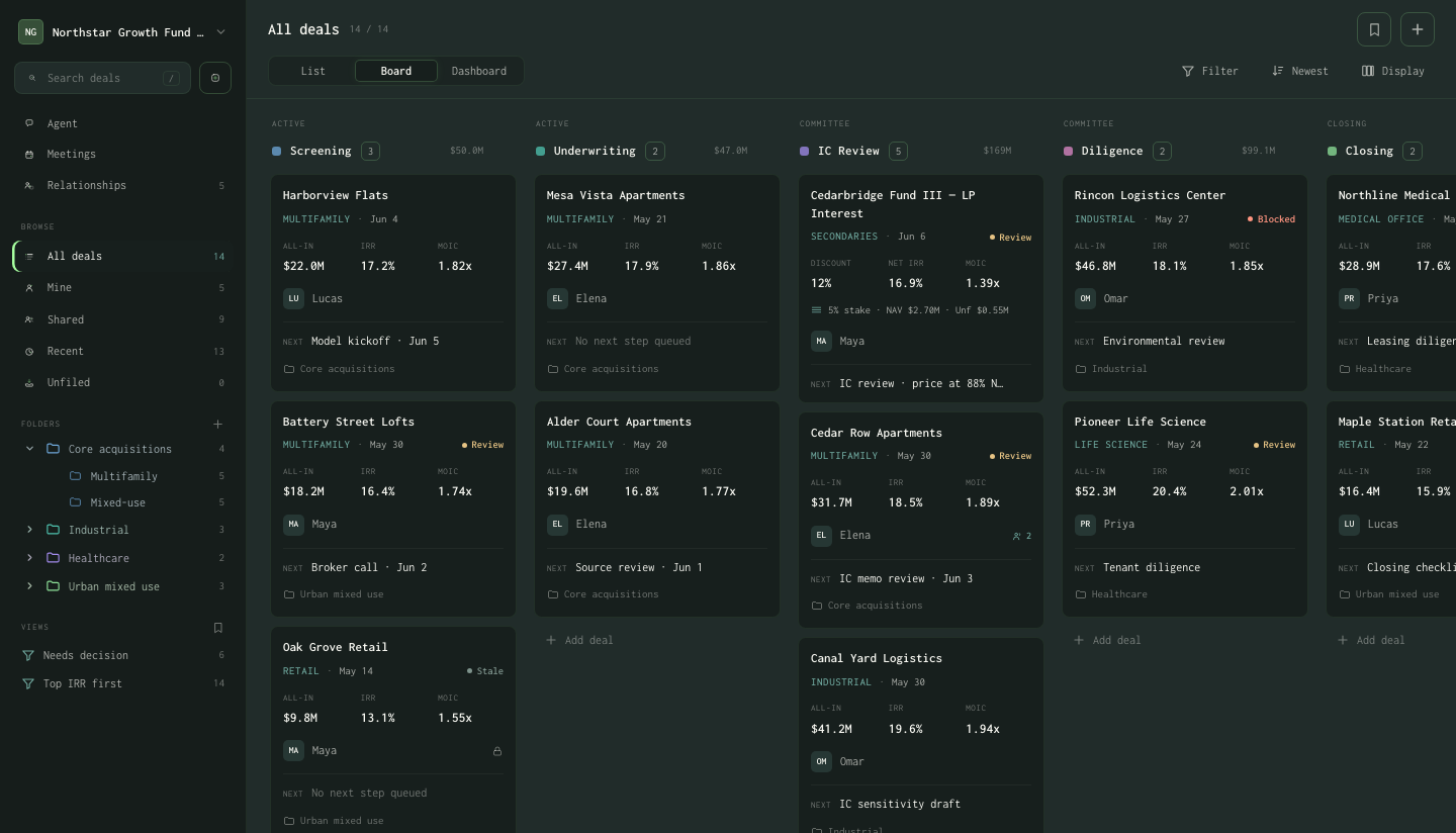 Reia Portfolio Board — every deal organized by stage, status, owner, and next action